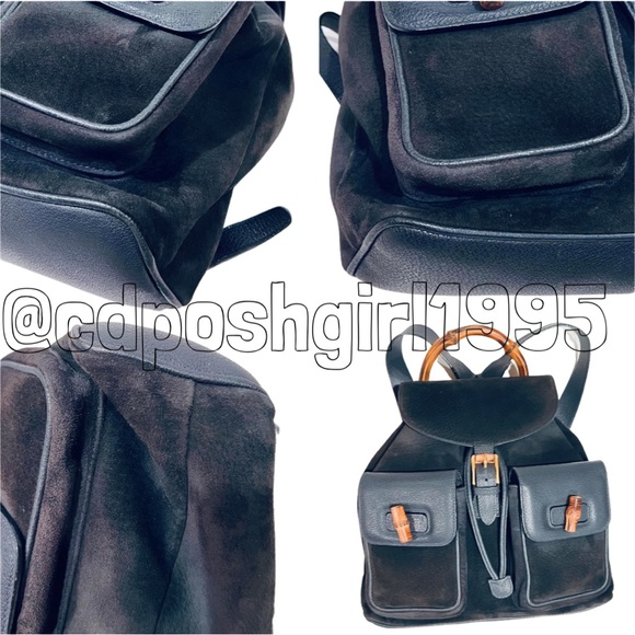 GUCCI by Tom Ford navy blue top Bamboo handle backpack suede Nubuck vintage 90s - Picture 12 of 16